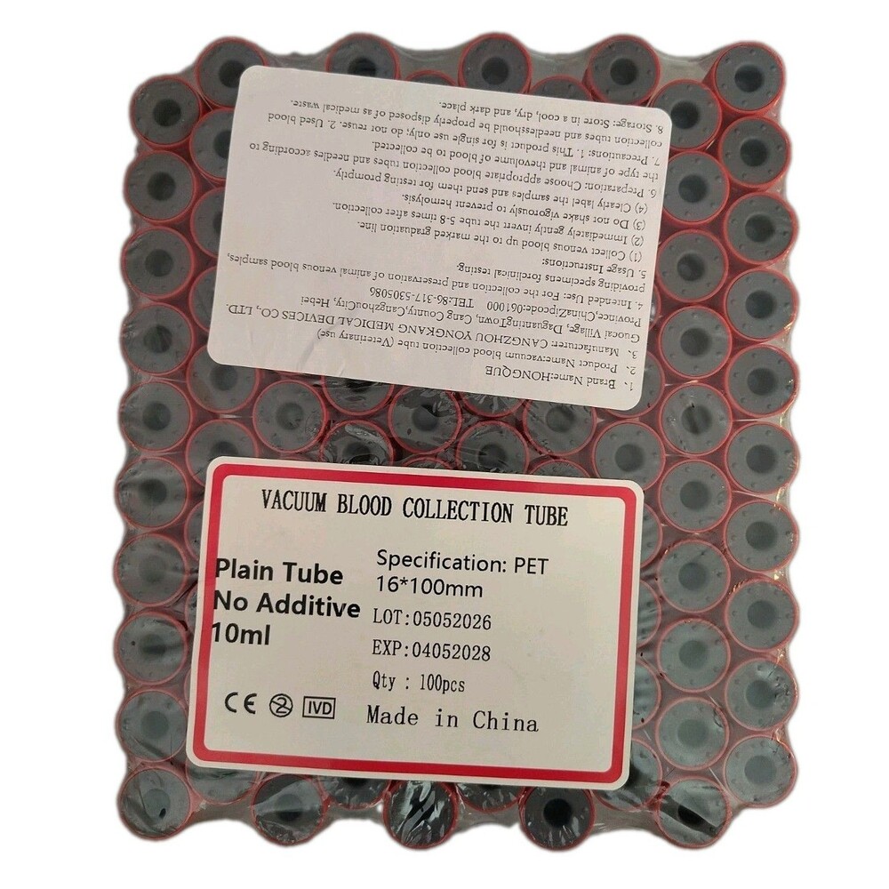 100pc Honqub Veterinary Vacuum Blood Collection Tubes 10ml Red Top Plain No Add
